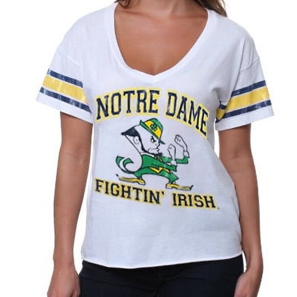 Notre Dame Fighting Irish Women's Distressed Crop V-Neck White T-Shirt ~ Large - Picture 1 of 5